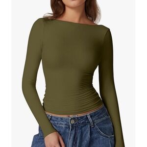 NWT Size Medium QINSEN Women's Open Back Long Sleeve, High Neck Double Lined Tee